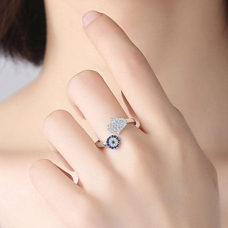 CLARA Pure 925 Sterling Silver Evil Eye Finger Ring with Adjustable Ba